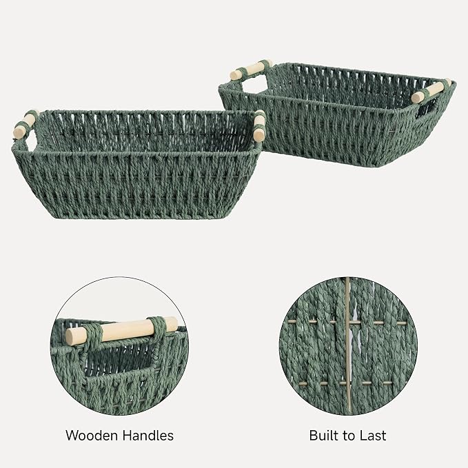StorageWorks Wicker Storage Basket, Baskets for Storage, Bosana Green | Wicker Storage Baskets for Shelves, Baskets with Wooden Handles, 2-Pack Gifts Basket for Home Decor, Hand-Woven Basket - Image 4