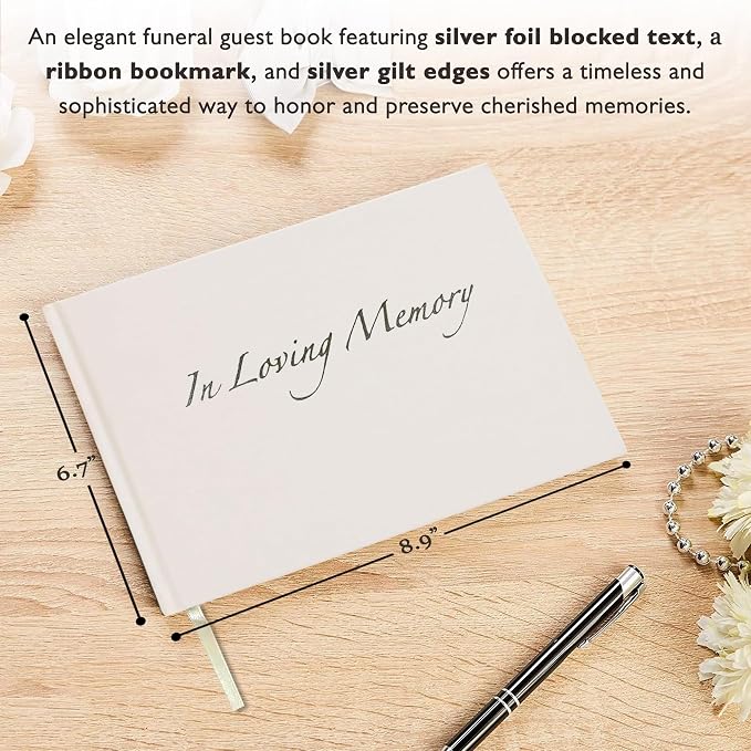 Esposti In Loving Memory Funeral Guest Book - 192 Pages with Silver Gilt Edges & Storage Box - Hardcover Memorial Book with 2304 Message Lines & Keepsake Pocket - For Funeral Services (White, 9"x7") - Image 3