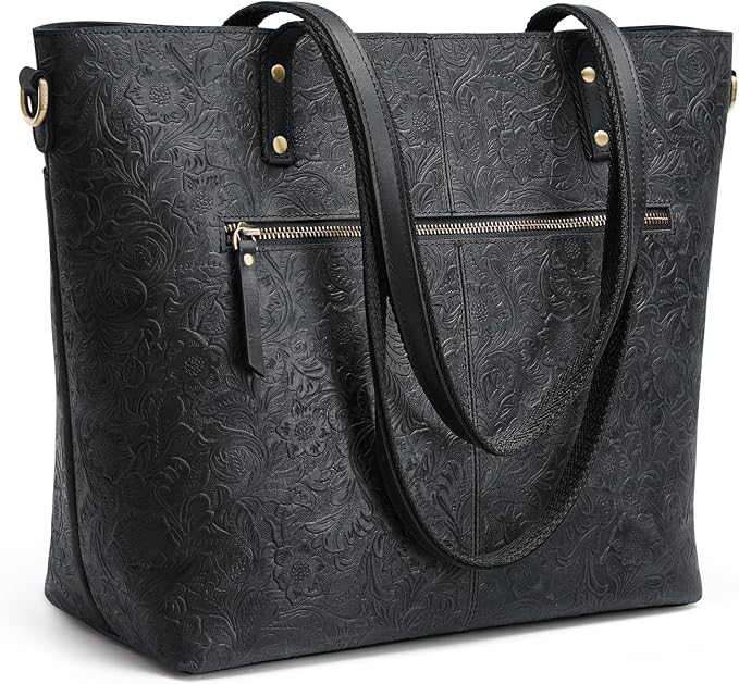 S-ZONE Leather Tote Bag for Women Large Work Totes Designer Handbags | Vintage Grain Crazy Horse Leather, Adjustable Strap, Fits 14" Laptop, Multi Pockets, Rose Embossed Tote, Travel Daily by S-ZONE