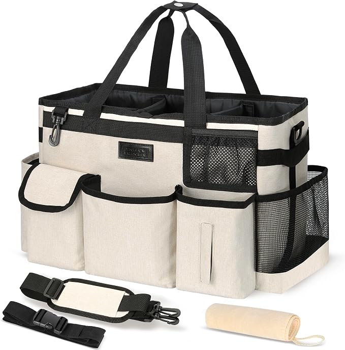 Cleaning Caddy Organizer with Handle - Large Caddy Bag for House & Bathroom Cleaning Supplies, 15 x 8 x 10.5 inches Cleaning Supply Caddy, Housekeeping Tote with Adjustable Strap - Beige by Storage+Standard