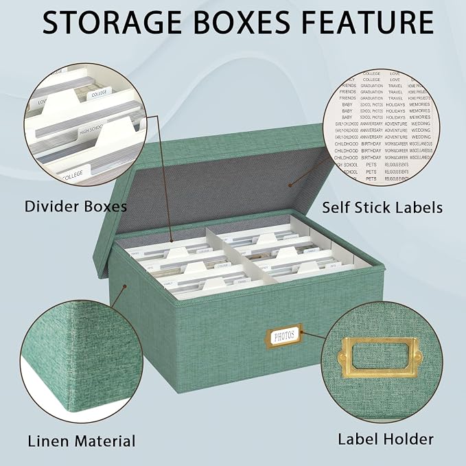 Decorative Photo Storage Box, Linen Photo Box Holds 1700 4x6 Pictures Green | Photo Storage Containers with 8 Dividers, Memory Keepsake Organizer for Photos, Scrapbook Supplies, Cards, Stamps,Archive Box - Image 3