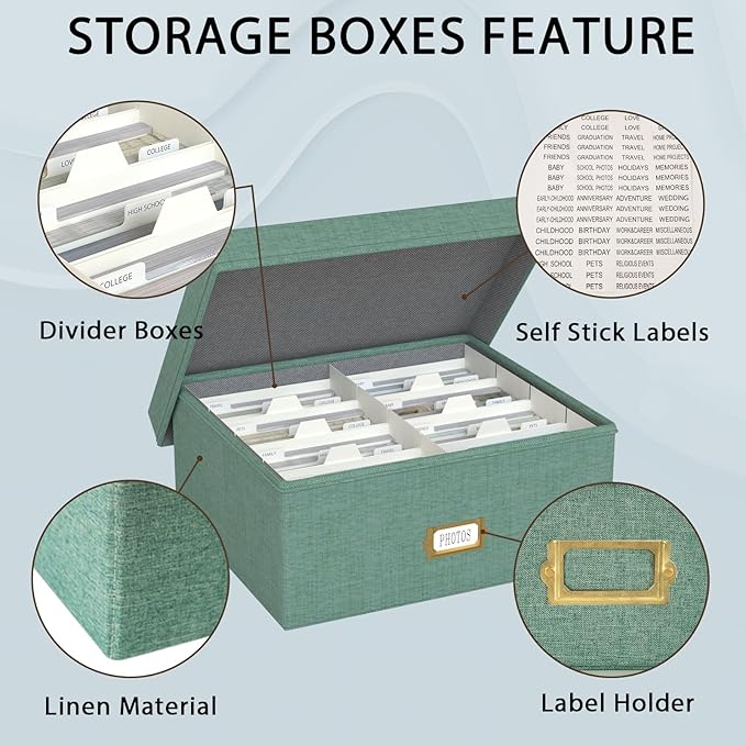 Decorative Photo Storage Box, 2 Pack Linen Photo Box Hold 1700 4x6 Pictures | Photo Storage Containers with 8 Dividers, Memory Keepsake Organizer for Photos, Scrapbook Supplies, Cards, Stamps, Green - Image 3