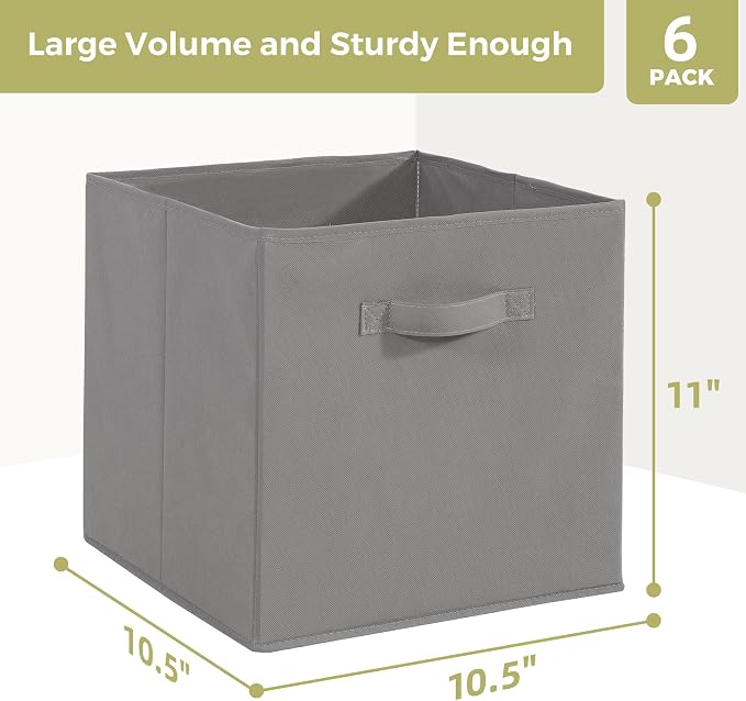 Storage Cubes, 11 Inch Cube Storage Bins, Set of 6, Fabric Foldable Storage Bins With Handles, Closet Storage Organizer Bins, Cubby Clothing Storage Baskets for Shelves, Gray - Image 2