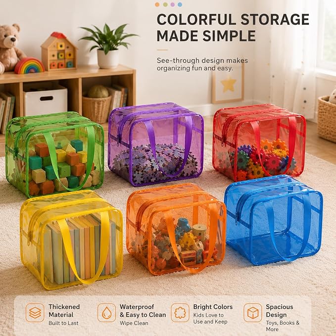 Shinylin 6 Pack Colorful Large Toy Storage Bags with Zipper 9.8 x 5.9 x 7.1 Inch Reusable Waterproof PVC Board Game Storage Bags with Labels for Puzzles Building Blocks Book Stationery - Image 5