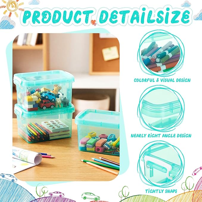 6 Pack Colorful Plastic Storage Bins with Lids 4 Quart Small Storage Latch Box Stackable and Nestable Clear Organizer Bins with Latching Handle and Buckle for Organizing (Teal) - Image 3