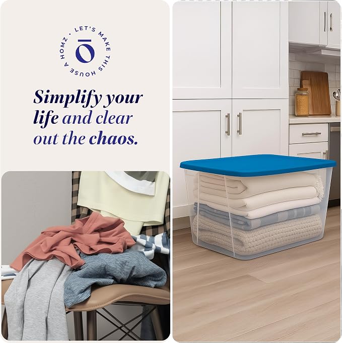 HOMZ 2-Pack Snaplock, Large Clear Plastic Storage Organizer Bins w/Lids, 56 Quart, Blue - Stackable Container Boxes for Bedroom, Bathroom, Garage, and Office Organization - Image 6