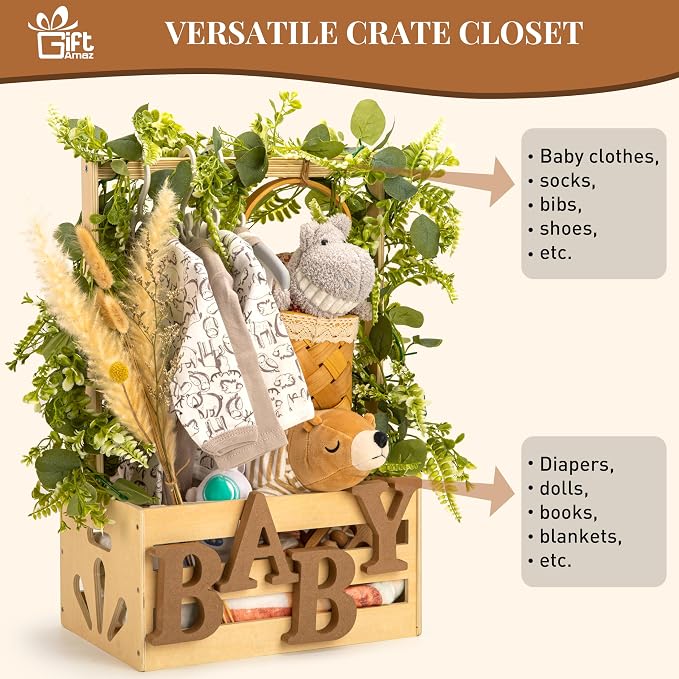 Wooden Baby Shower Crate Closet, Baby Storage Crate Hamper with Handle | Basket for Baby Shower Gifts, Welcome Gift Basket for Newborn Boys Girls, Pregnancy Gifts for New Parents - Image 4