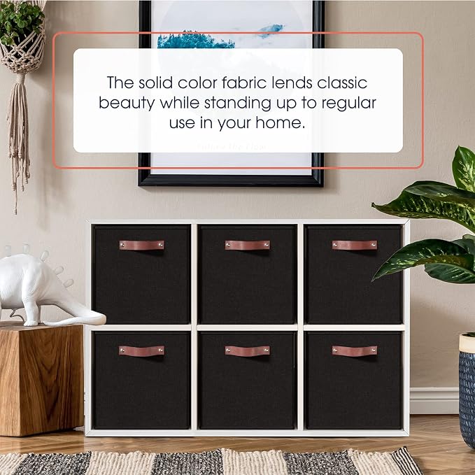 Ornavo Home 13x15x13 Foldable Fabric Storage Cube Bins, 6 Pack, Black | Collapsible Linen Shelf Basket Organizer; Leather Handles; Fits Cube Storage Shelving Units - Image 2
