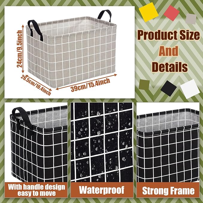 CHENGU 6 Pack Storage Baskets with Handle Back to School Foldable Baskets for Shelves Classroom Plaid & Geometric Storage Bin Large Collapsible Canvas Bin for Closet Nursery Home Organization 6 Colors - Image 2