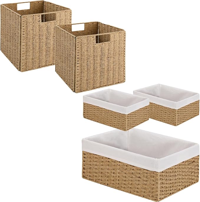 Wicker Baskets for Storage, Set of 5 Hand-Woven Wicker Storage Baskets for Shelves, Cube Storage Baskets Bins with Handles, Wicker Basket for Organizing Pantry Bedroom, Natural by Vagusicc