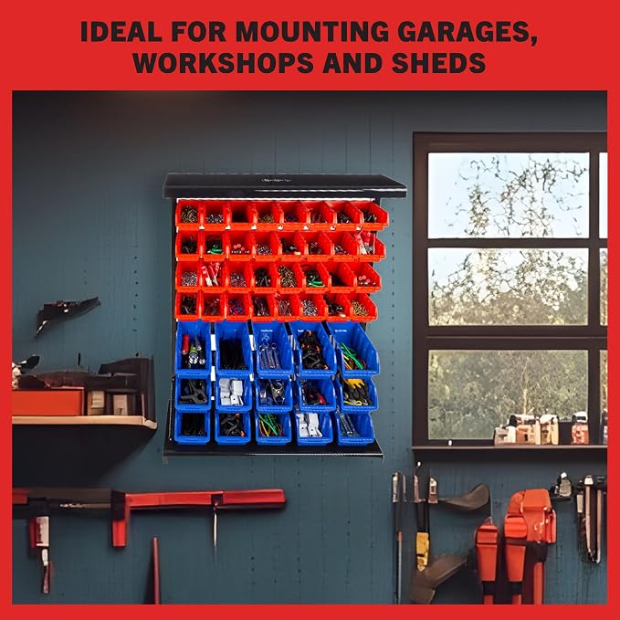 47-Bin Garage Organization Rack (15 Large, 32 Small) - Tabletop or Wall Mount Steel Rack with Removable Stackable Garage Storage Bins, Small Parts Organizer for Hardware or Office Supplies by Stalwart - Image 2