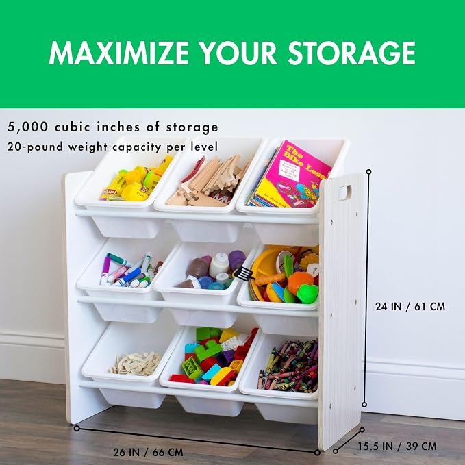 Humble Crew Kids Toy Organizer with 9 Bins, 3 Tier Storage for Playroom | Sturdy wood and steel toddler shelf, removable BPA-free containers, wall anchor anti-tip safety kit for bedroom or classroom - Image 2