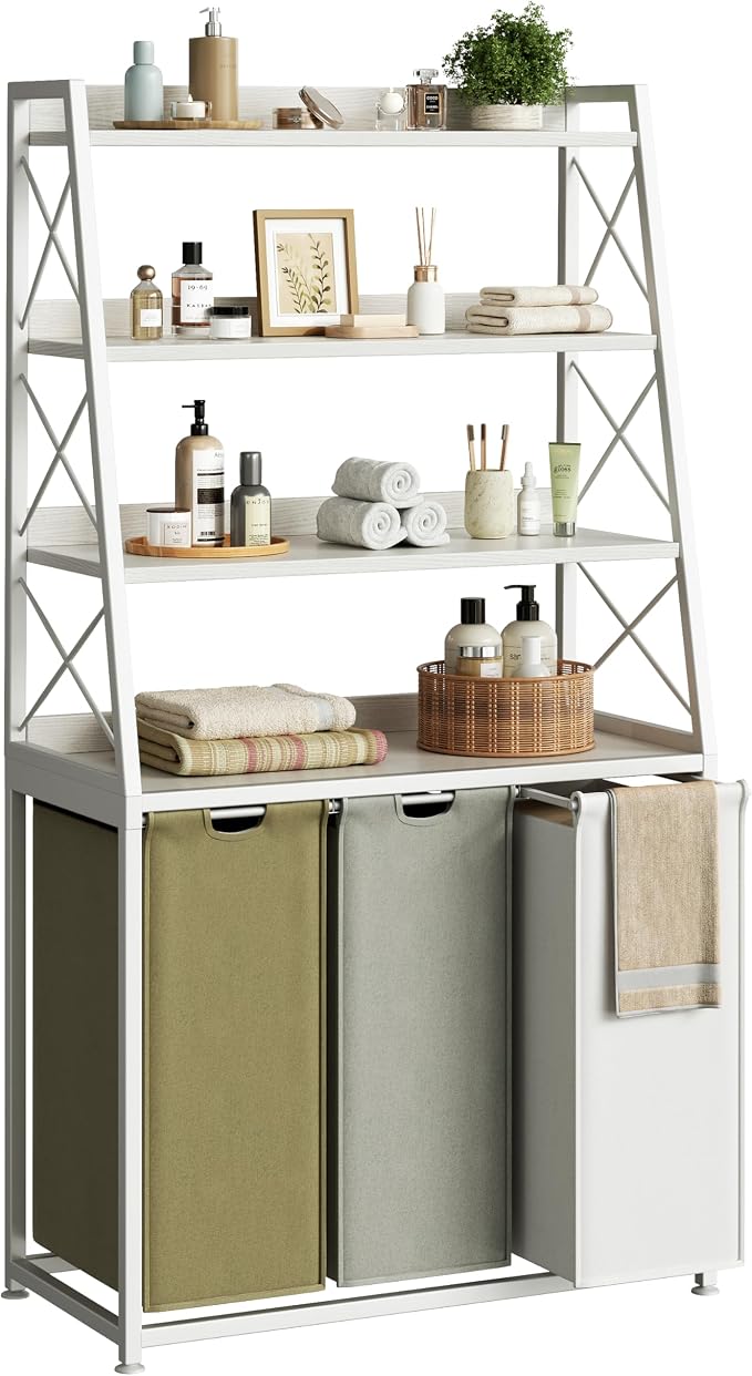Herture Laundry Basket, 3 Section Laundry Hamper with 4 Tiers Shelf, Pull-Out and Removable Laundry Bags, Large 3 x 15.87 Gallons, 3 Color Bags for Laundry Room Bathroom White PF05XLE by Herture