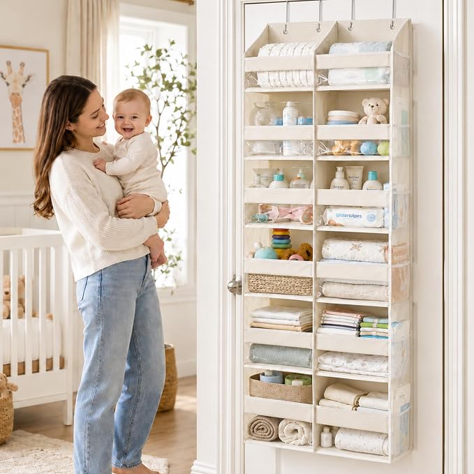 Over the Door Organizer, 6-Tier XL, 100D Fabric, Ivory | Extra wide over the door organizer, 65 lb capacity, 12 side mesh pockets, heavy-duty 100D fabric, bedroom & nursery storage - Image 2