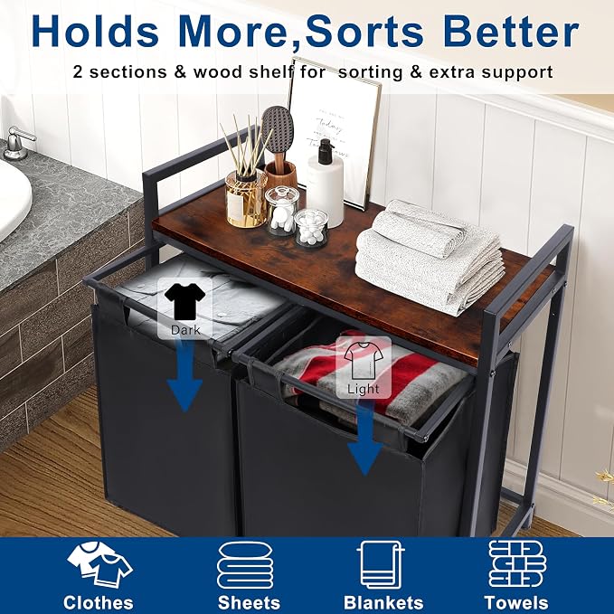 Whitmor Laundry Sorter, 92L Laundry Hamper with Shelf & 2 Removable Bags, 2 x 12.1 Gallons (46L), 28.8 x 13 x 28.4 Inches, Dirty Clothes Hamper Organizer for Laundry Room, Bathroom, Dorm, Black - Image 5