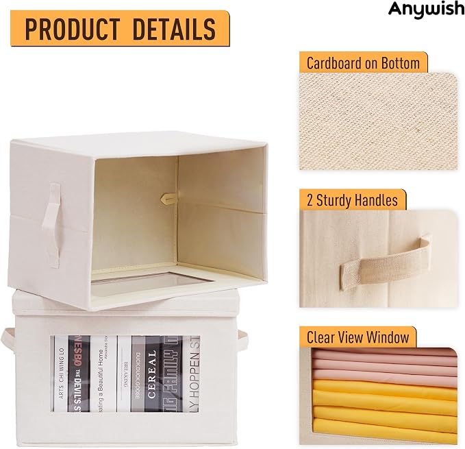 4-Pack 15" Fabric Storage Bins with Lids, Closet Organizers and Storage Boxes with Clear Window, Foldable Clothes Baskets for Blankets, Beige - Image 4