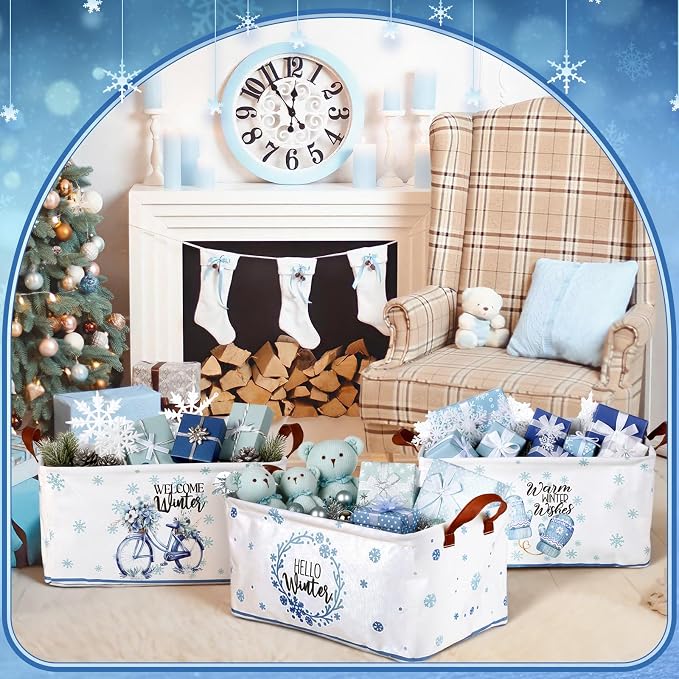 CHENGU 6 Pack Winter Storage Basket Collapsible Snowflakes Basket for Gifts Gnomes Holiday Decor Large Snowman Bin Foldable Blue Hello Winter Box with Handle for Bedroom Office Home - Image 5