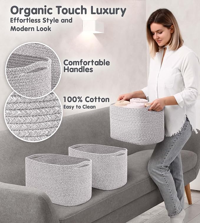 CHAT BLANC Cotton Rope Baskets for Organizing, Shelves, Toys, Storage, Shoe, Bathroom, Laundry, Towel, Nursery, Home Decor, Blanket, Cloth Woven Bins Fabric (Gray7, 15"x10"x9") - Image 4