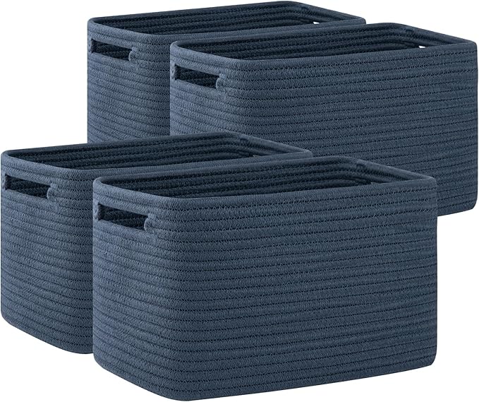 OIAHOMY 4 Pack Storage Baskets for Organizing 15L Cube Storage Bins Blue | Woven Baskets for Storage Rectangle Small Baskets With Handles Baskets for Shelves Wicker Baskets for Shelves 12.7x9x7.8inch by MasterofSpaceOptimization