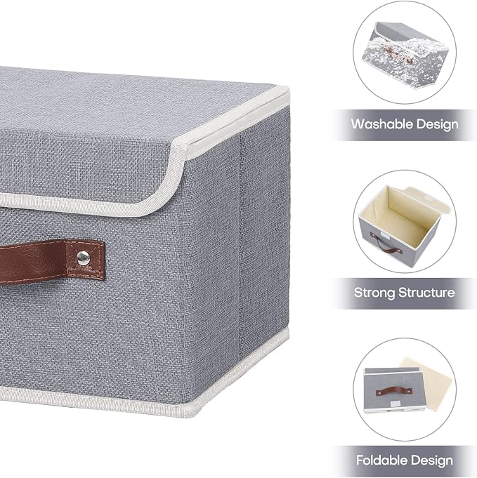 ANMINY Fabric Storage Box Bins with Lids, Gray, 10"x8"x7" | Keepsake Memory Storage, Cotton Linen, PP Board Reinforced, Washable, PU Handles, Foldable & Stackable, Decorative, Small - Image 4