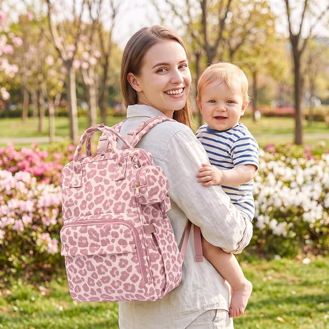 Baby Diaper Bag Backpacks for Mom Dad, Corduroy Large Capacity Multifunction Nappy Bag with Pacifier Case, Baby Travel Essentials Diaper Backpack for Boys Girls - Leopard Purple - Image 2