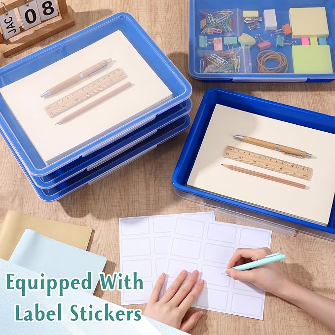 12 Pcs Classroom Paper Storage Bins with Clear Latching Lid, Label Stackable Letter Size Flat Tray Container for Teacher Back to School Supplies Home Office Desk Arts Crafts (Blue,13x10in) - Image 5