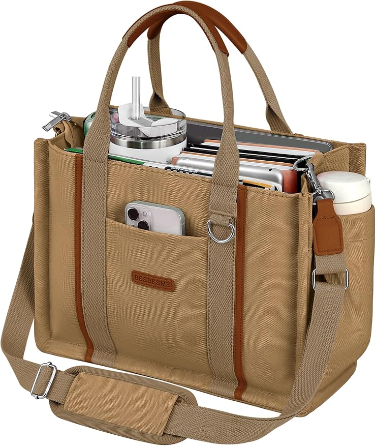 BESBESME Women’s Canvas Tote Bag with Zipper and Compartments – Multi-Pocket Laptop Work Crossbody Shoulder Tote Purse - Image 8