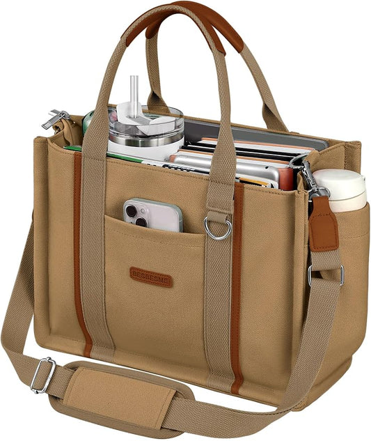 BESBESME Women’s Canvas Tote Bag with Zipper and Compartments – Multi-Pocket Laptop Work Crossbody Shoulder Tote Purse by BESBESME