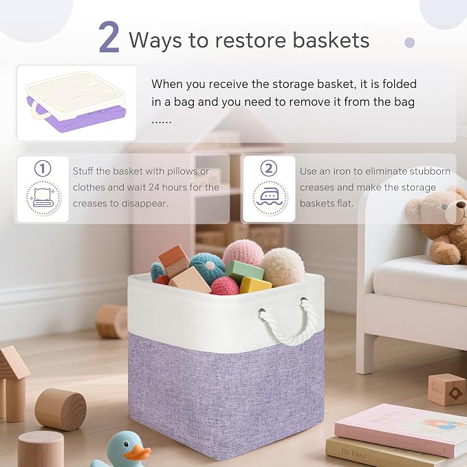 FinishingBo 11 inch Cube Storage Bin with Handles 6 Pack | Foldable Basket, Fabric Storage Bins, Closet Storage, Home Organizer (White/Purple) - Image 6