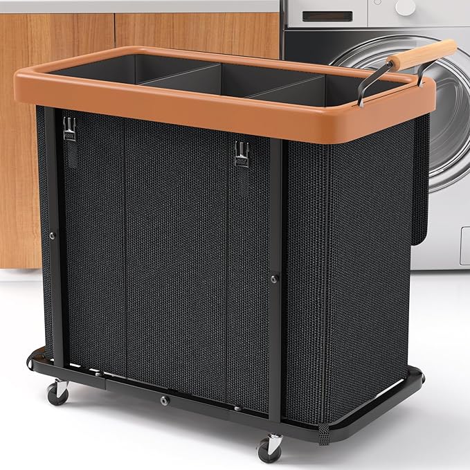 Laundry Hamper 3 Section with Lid,230L Rolling Dirty Clothes Hamper Black | Laundry Basket with Wheels,Laundry Organizer Storage Cart with Sturdy Metal Frame and Wooden Handle for Laundry Room, Hotel by Unlockyourhomestoragelife