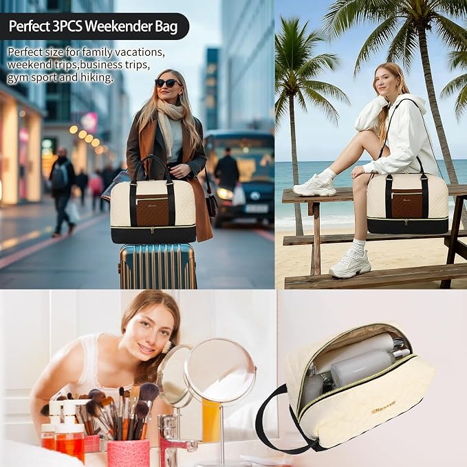 3PCS Weekender Bags for Women Large Overnight Bag, Black Beige Brown | Weekender Travel Duffel Bags Carry on Shoulder with Shoe Compartment Toiletry Bag Satchel Bag for Travelling Business Gym - Image 5