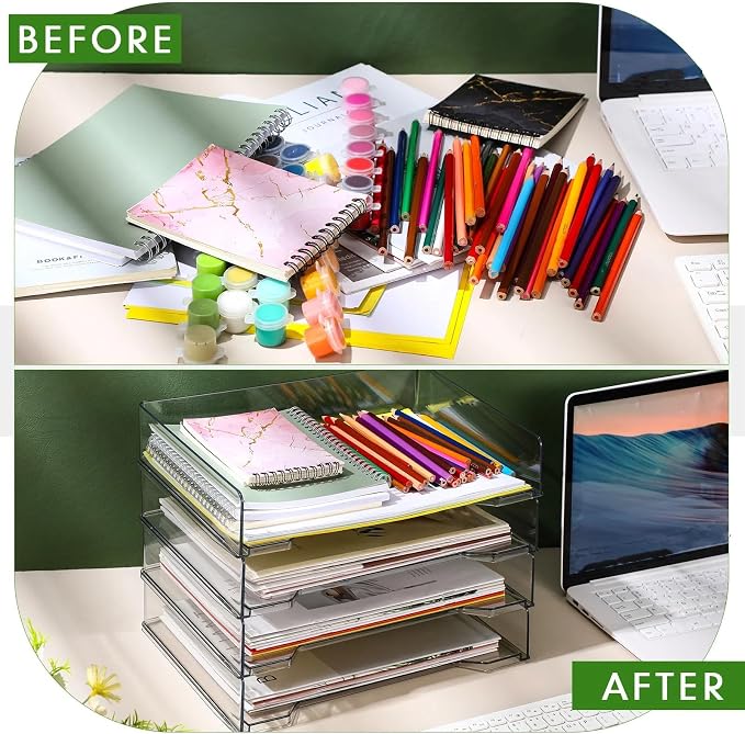 DoubleFill 4 Pcs Stackable Letter Tray Plastic Paper Tray, Clear | 13 x 9.5 x 2.6 In, Rectangular, Paper Holder, File Tray for Desktop Office Desk Drawers - Image 4