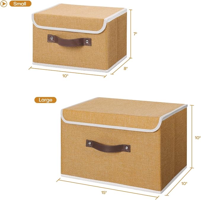 ANMINY Fabric Storage Box Bins with Lids, Khaki, 10"x8"x7", 4 Pack | Keepsake Memory Storage, Cotton Linen, PP Board Reinforced, Washable, PU Handles, Foldable & Stackable, Decorative, Small - Image 5