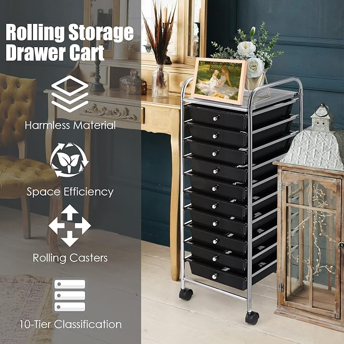 GOFLAME 10-Drawer Rolling Storage Drawer Cart, Utility Cart with Removable Drawers & Metal Frame, Mobile Art Craft Drawer Cart with Lockable Wheels for Home, Office, Studio, School, Black - Image 4