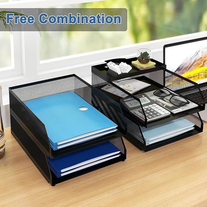 Natwind 4-Tier Stackable Metal Mesh Desk Paper Tray Organizer,Black | Desktop Accessories for Office Supplies, Letter Tray For Paper Storage ,File Document Holder For Home School Classroom - Image 4