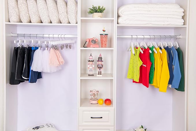 Quality 11 Inches Kids Wooden Pants Hangers 20 Pack - Skirt Hangers with Adjustable Metal Clips 360° Swivel Chrome Hook & Nonslip Notches- Ideal for Clothes Size 8 and Smaller (White, 20) - Image 2
