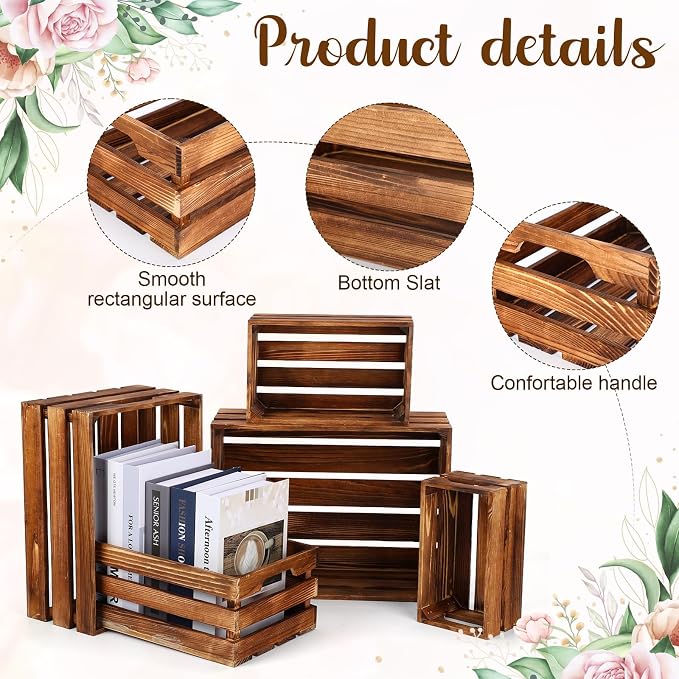 Soaoo 5 Pcs Decorative Nesting Wooden Crates for Storage Display 5 Size Large Small Rustic Wood Decorative Storage Crates with Handle Farmhouse Crate Box Container Made from Pine(Vintage Brown) - Image 3