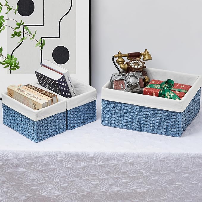 Wicker Basket, Set of 3 Hand-woven Storage Baskets for Organizing, Rectangle Wicker Storage Basket Bins with Handles, Small Toilet Paper Storage Baskets for Shelves & Decor, Blue - Image 6