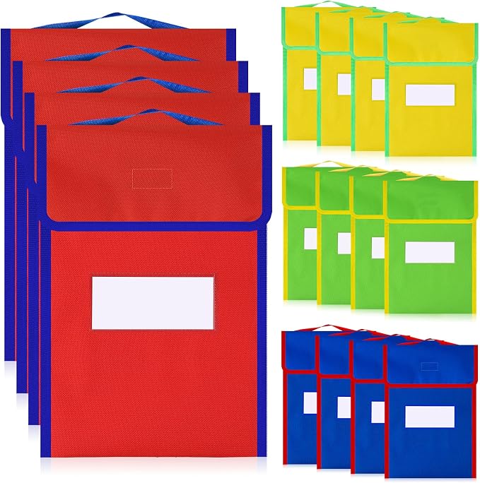 16 Pcs Large Book Bags for Classroom Book Pouches Bulk for Student Kids School 12 x 15 Inch Nylon Reading Bags with Clear Name Tag and Handle by Buryeah