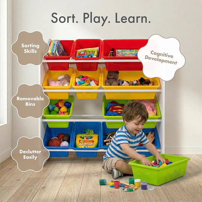 Humble Crew Kids Toy Organizer with 12 Bins, 4 Tier Storage for Playroom | Sturdy wood and steel toddler shelf, removable BPA-free containers, wall anchor anti-tip safety kit for bedroom or classroom - Image 5