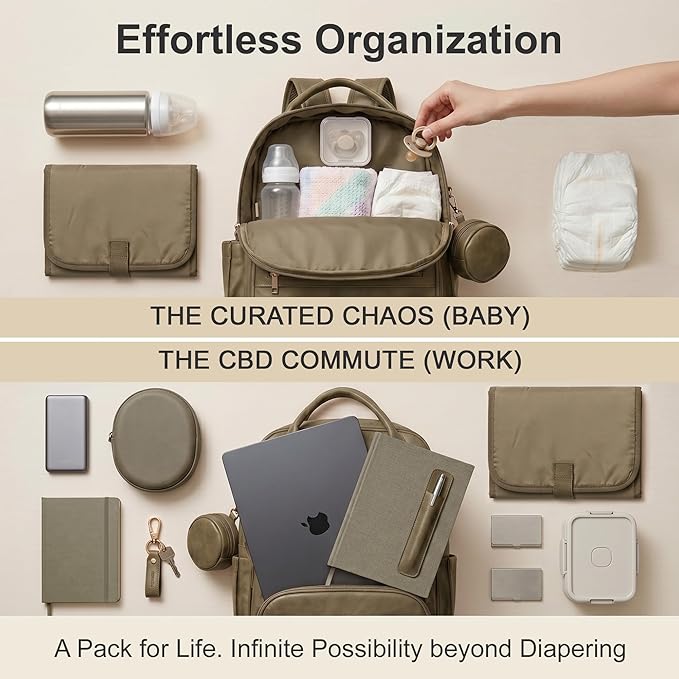 ROSEGIN Premium Vegan Leather Diaper Bag Backpack with Waterproof Changing Pad, Reinforced Zippers & Odor-Free, 20 Pockets Pro Organizer, Fits 15.6" Laptop, Stroller Straps, Baby Bag for Mom, Taupe - Image 6