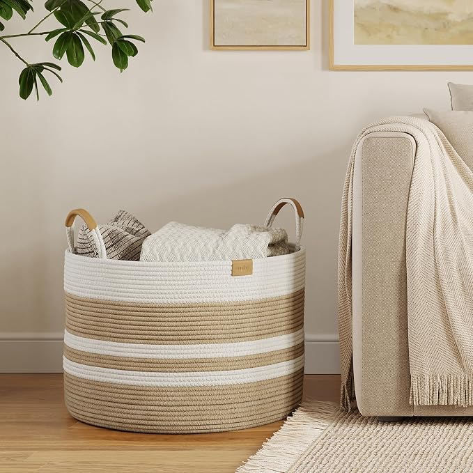 Nunsino 72L Woven Blanket Basket with Leather Handles, Cotton Rope Laundry Basket Hamper,Decorative Nursery Basket Toy Storage Basket for Kids, Living Room, Bedroom, Beige Stripes - Image 2