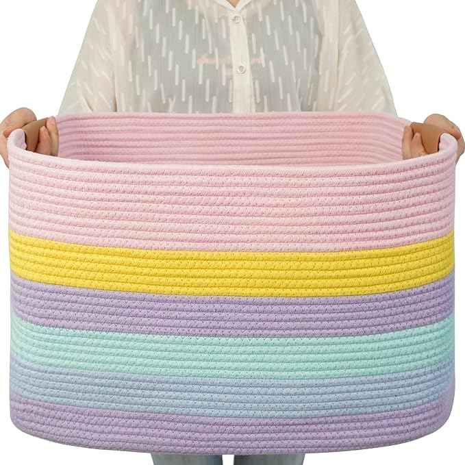 Large Laundry Basket, 108L Rectangle Woven Baskets for Storage for Living Room, Laundry, Nursery, Pillows, Baby Toy chest, Blanket Storage with Leather Handle, 25’’*16’’*16’’ Rainbow by danpinera
