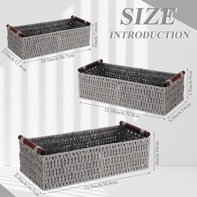 Boao 3 Pcs Boho Storage Wicker Baskets Handmade Woven Decorative Paper Rope Baskets for Organizing with Handle Countertop Toilet Paper Storage Container for Toilet Tank Top(Grey,Rectangle) - Image 2