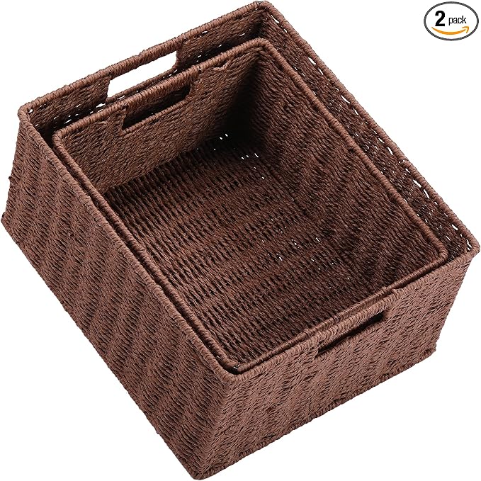 HOONEX Large Woven Storage Baskets, Paper Rope With Sturdy Metal Wire Frame, for Shelves, Set of 2, Dark Brown by HOONEX