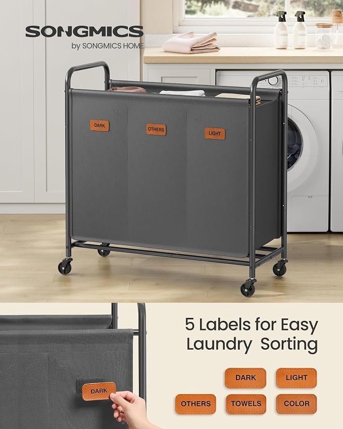 SONGMICS 3-Section Laundry Sorter, Laundry Hamper with Wheels, Rolling Clothes Hamper Cart with Large Capacity and Removable Bags, for Laundry Room, Bedroom, Bathroom, Slate Gray URLS330G01 | Rolling Clothes Hamper Cart, Large Capacity, for Laundry Roo... - Image 2