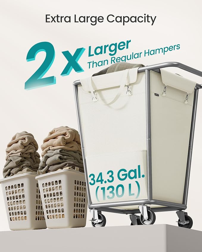 SONGMICS Laundry Basket with Wheels, 34.3 Gallons (130 L) Rolling Laundry Hamper with Removable Bag, Heavy-Duty Steel Frame, Cream White URLS008W01 - Image 3