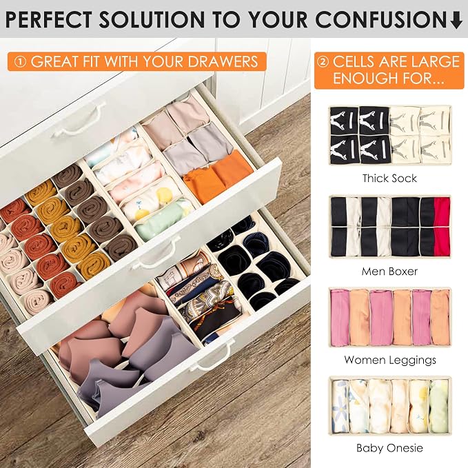 Drawer Organizer Clothes, 8 Pack Dresser Organizer Bins for Baby Clothes, Underwear Sock, Fabric Closet Organization and Storage Dividers for Nursery Bedroom (48 Compartments, Beige) - Image 2