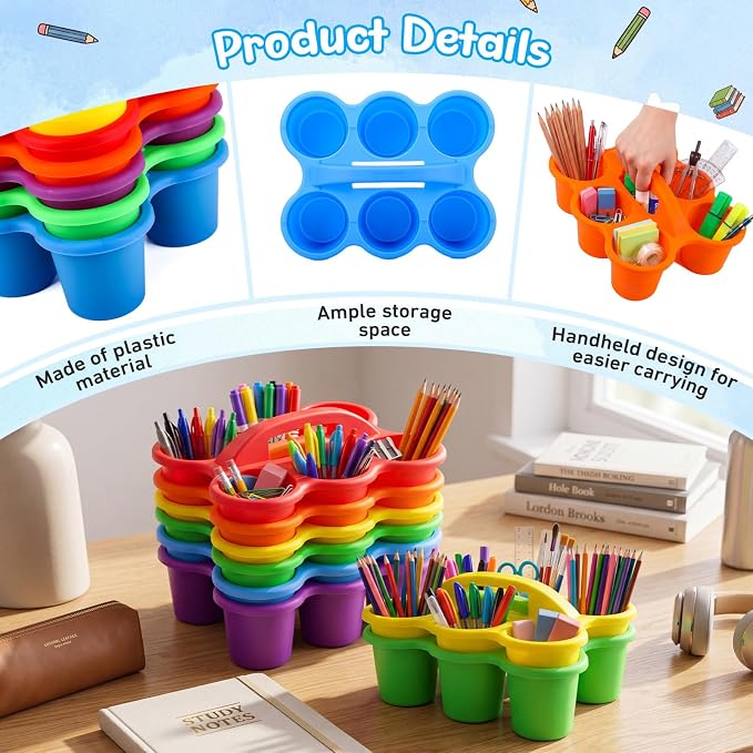 Novabright 12 Pack Classroom Caddy, Stackable Plastic Caddy Storage Basket with Handle for Kids, Table Desk Office Arts, Crafts, Crayon, Marker, Pencil, School Supplies (Assorted Colors) - Image 5