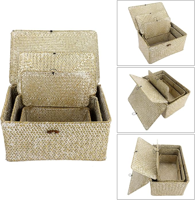 Hipiwe Set of 3 Wicker Storage Basket Bin with Lid Large Woven Seagrass Box | Handmade Shelf Basket Bins Rectangular Nesting Household Organizer Boxes for Shelf Closet Wardrobe Organizer, Whitewash - Image 6